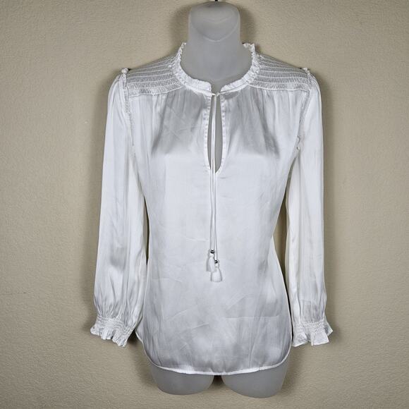 PAIGE Kaylynn Smocked Blouse Tassels City Chic Matte Satin Boho White Womens M - Picture 16 of 16